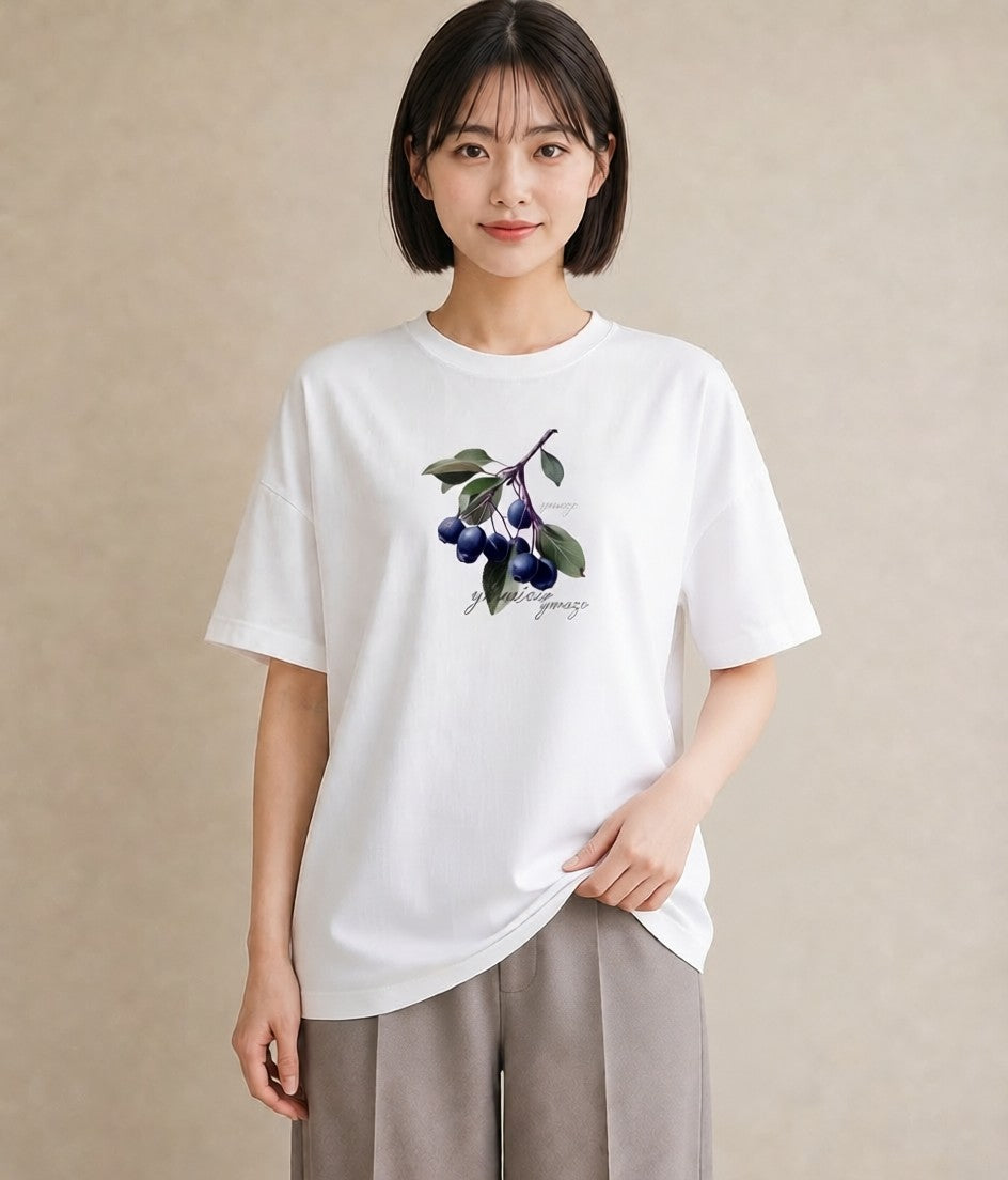 グラフィックTシャツ レディース ブルーベリー 食べ物 フード イラスト 水彩風 在宅 公園 白T YMAZO