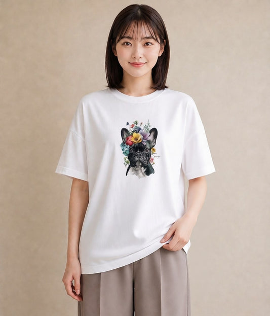 グラフィックTシャツ レディース フレンチブルドッグ フレブル 犬 いぬ イラスト 韓国風 綿100 デート 白T YMAZO