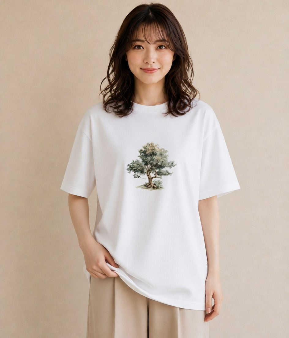 プリントTシャツ レディース 森 植物 ボタニカル イラスト 個性的 休日 ペアコーデ 白T YMAZO