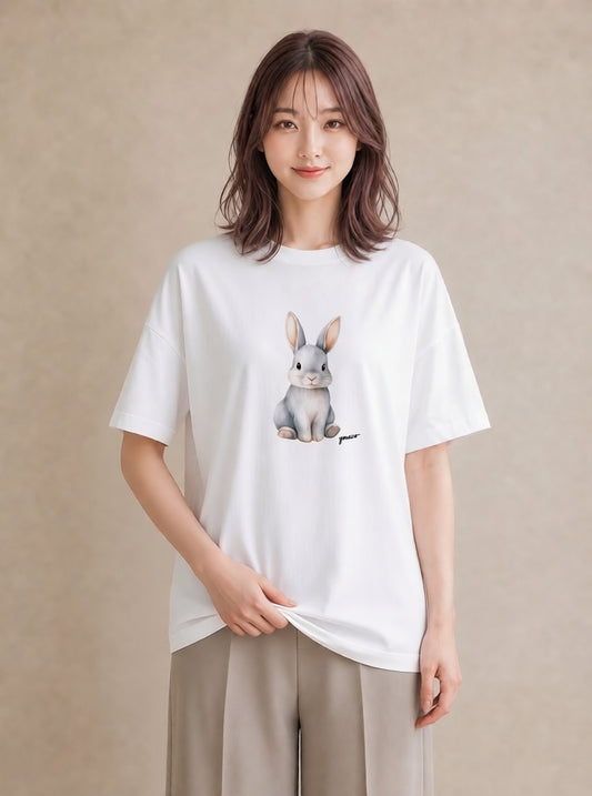 グラフィックTシャツ レディース ライオンラビット ペット 動物 イラスト ニュアンス カフェ巡り 女子会 白T YMAZO