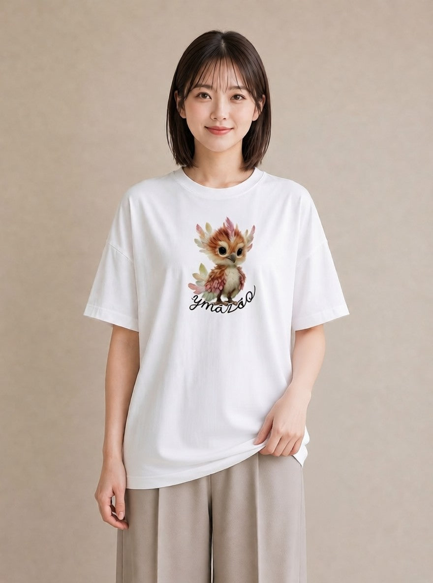 グラフィックTシャツ レディース フクロウ 動物 アニマル イラスト 可愛い 散歩 お出かけ 白T YMAZO