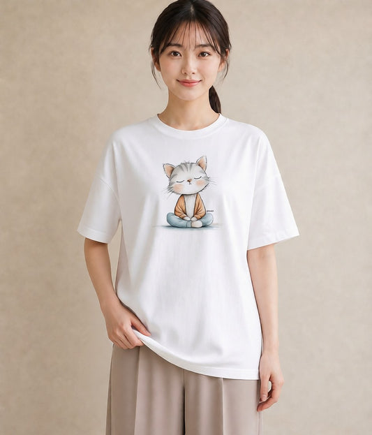 プリントTシャツ レディース おすわり猫 猫 ねこ イラスト ゆるコーデ ルームウェア ギフト 白T YMAZO
