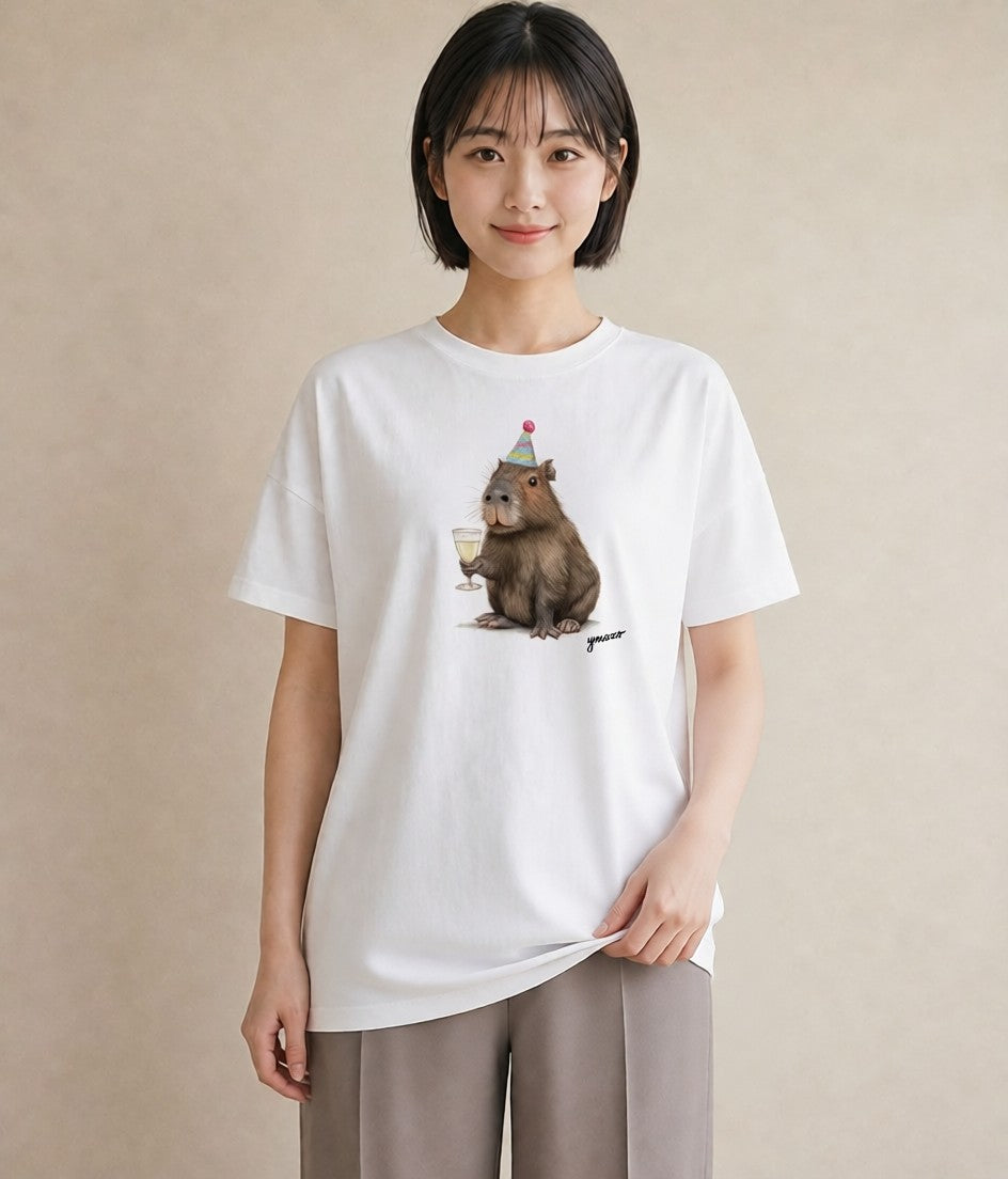 Tシャツ レディース モルモット ペット 動物 イラスト ヴィンテージ風 レイヤード 友達ギフト 白T YMAZO