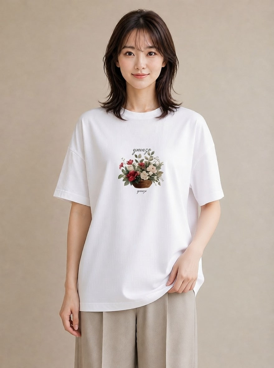 半袖Tシャツ レディース 自転車のかご 自転車 花かご ナチュラル アンティーク イラスト 抜け感 母娘コーデ 自分用 白T YMAZO