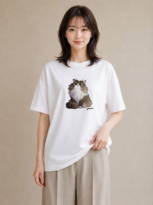 グラフィックTシャツ レディース 猫 ねこ イラスト 休日コーデ ミセス 春コーデ 白T YMAZO