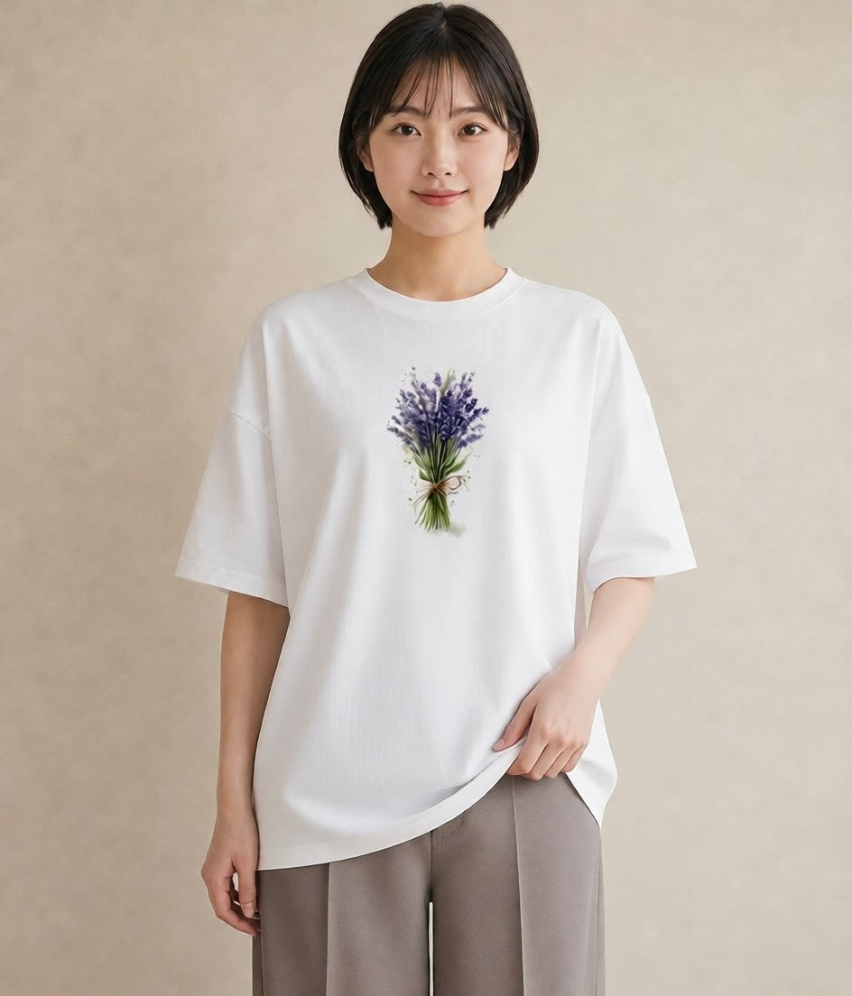 半袖Tシャツ レディース ラベンダー 花 花柄 イラスト フェミニン デート 帰省 白T YMAZO