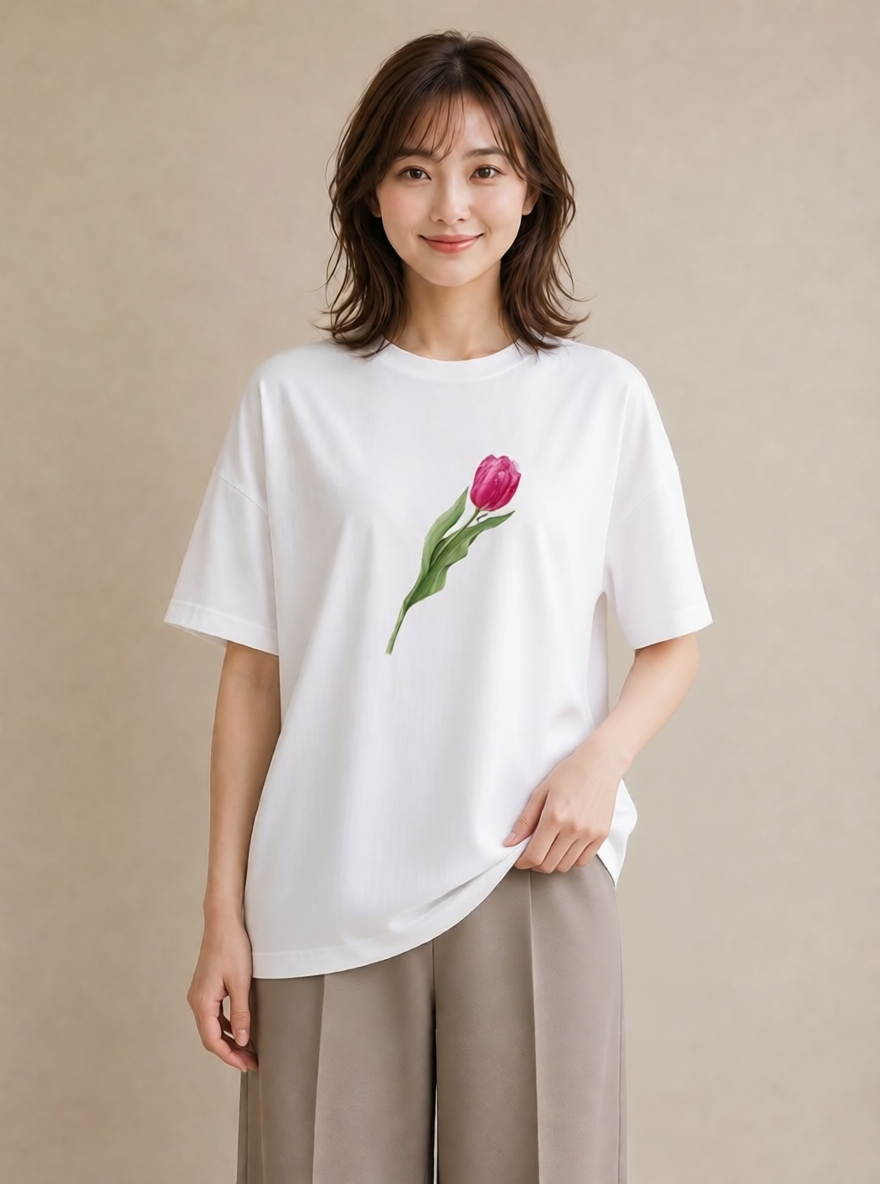 プリントTシャツ レディース チューリップ 花 花柄 イラスト 手描き風 カフェ服 クリスマス 白T