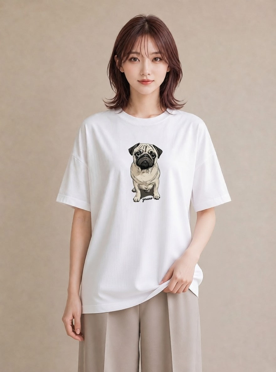 グラフィックTシャツ レディース パグ 犬 いぬ イラスト ゆるコーデ 姉妹 送別ギフト 白T YMAZO