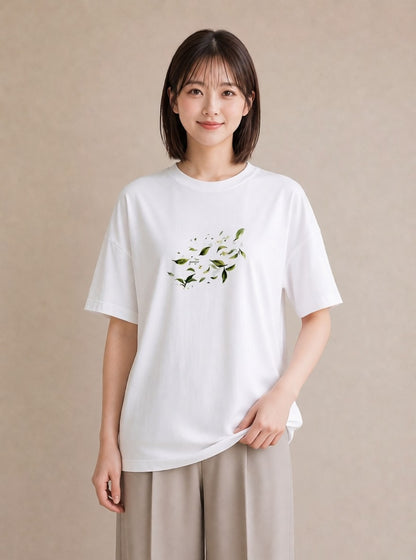 グラフィックTシャツ レディース 新緑 植物 ボタニカル イラスト アート風 普段着 週末コーデ 白T YMAZO
