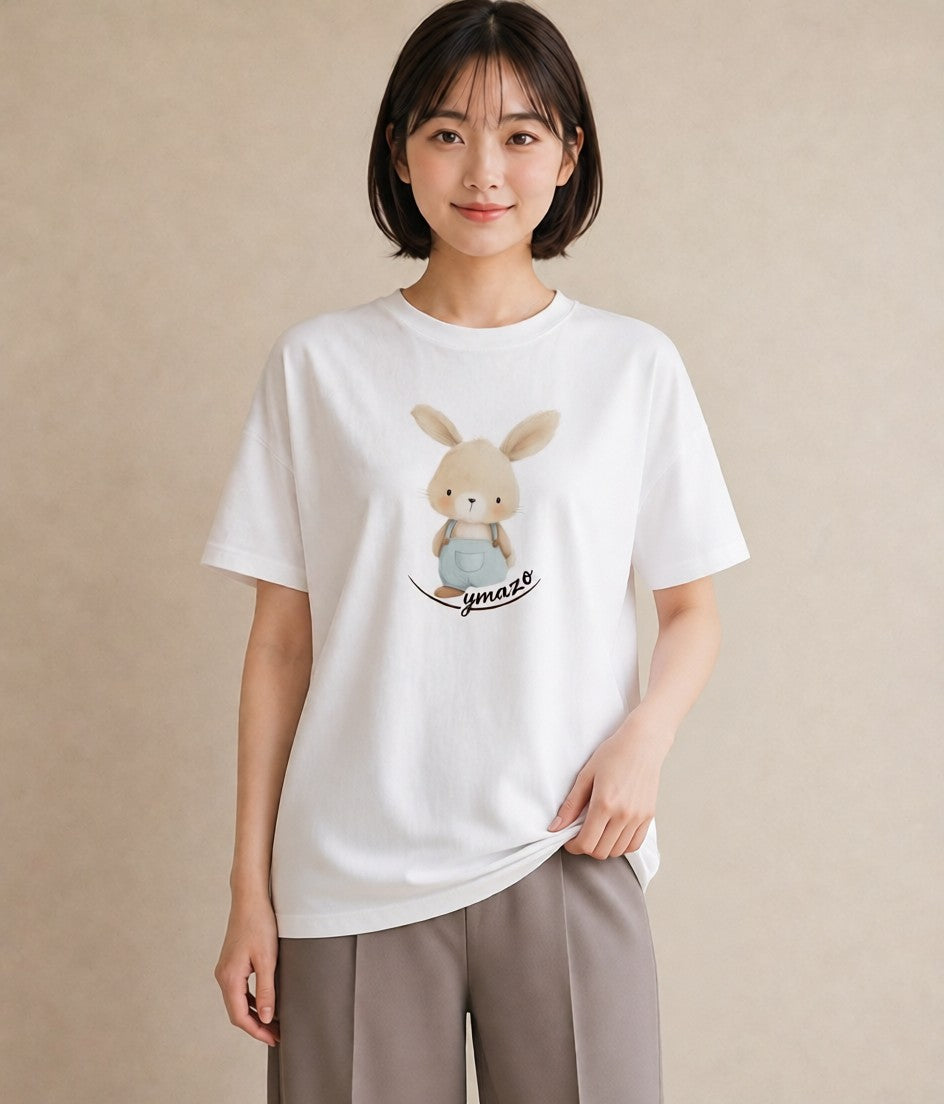 半袖Tシャツ レディース ミニうさぎ ペット 動物 イラスト 線画 ラフ レイヤード 白T YMAZO