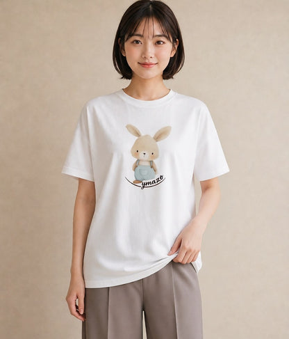 半袖Tシャツ レディース ミニうさぎ ペット 動物 イラスト 線画 ラフ レイヤード 白T YMAZO