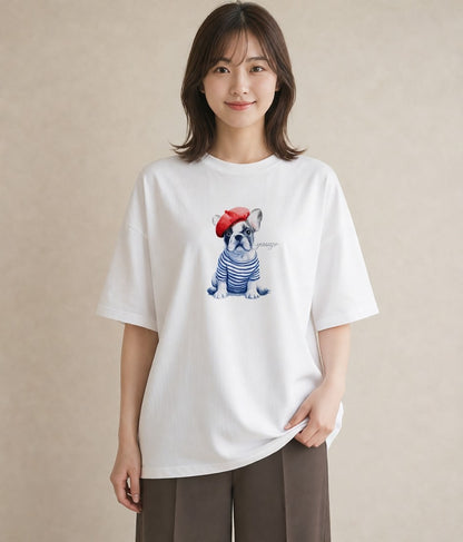Tシャツ レディース フレンチブルドッグ フレブル 犬 いぬ イラスト カフェコーデ 送別ギフト 通勤 白T YMAZO