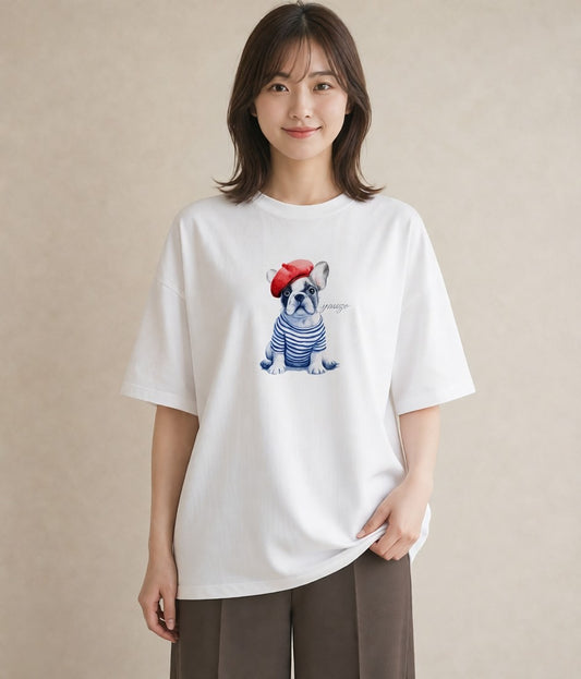 Tシャツ レディース フレンチブルドッグ フレブル 犬 いぬ イラスト カフェコーデ 送別ギフト 通勤 白T YMAZO