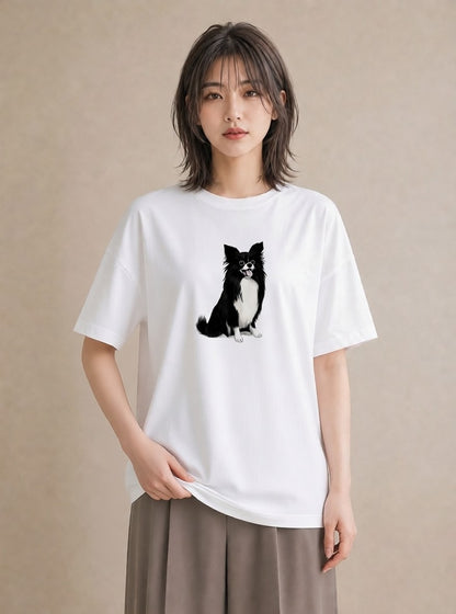 プリントTシャツ レディース ロングコートチワワ 犬 いぬ イラスト 上品 お揃い 親子 白T YMAZO