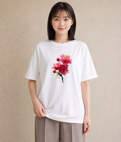 Tシャツ レディース 梅 花 花柄 イラスト お洒落 レイヤード 友達ギフト 白T YMAZO