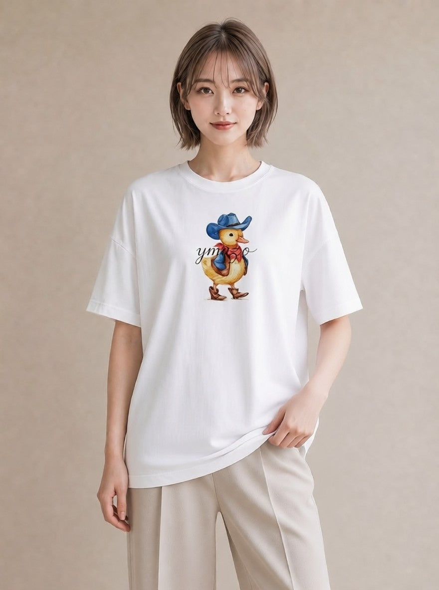 デザインTシャツ レディース アヒル 動物 アニマル イラスト ゆるかわ 春服 ミセス 白T YMAZO