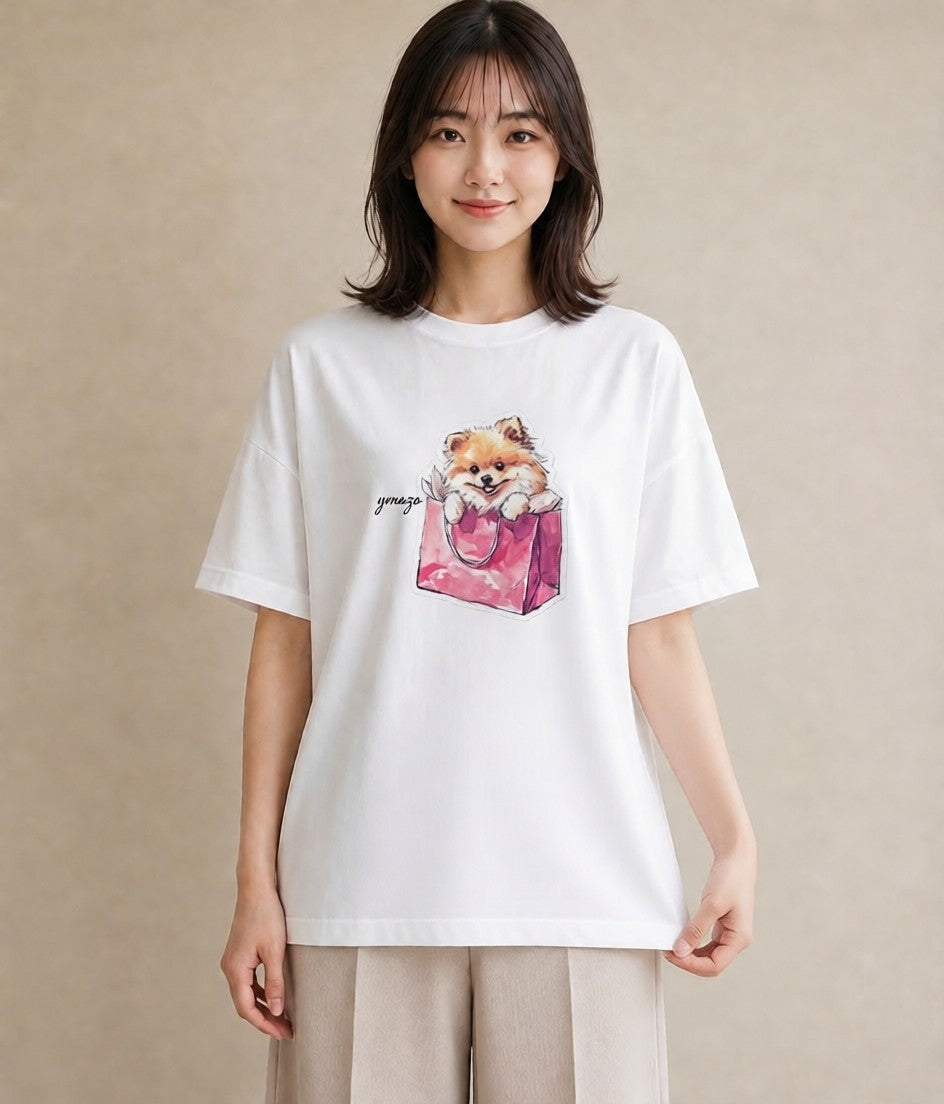 プリントTシャツ レディース ポメラニアン ポメ 犬 いぬ イラスト ラフ 通勤 在宅 白T YMAZO