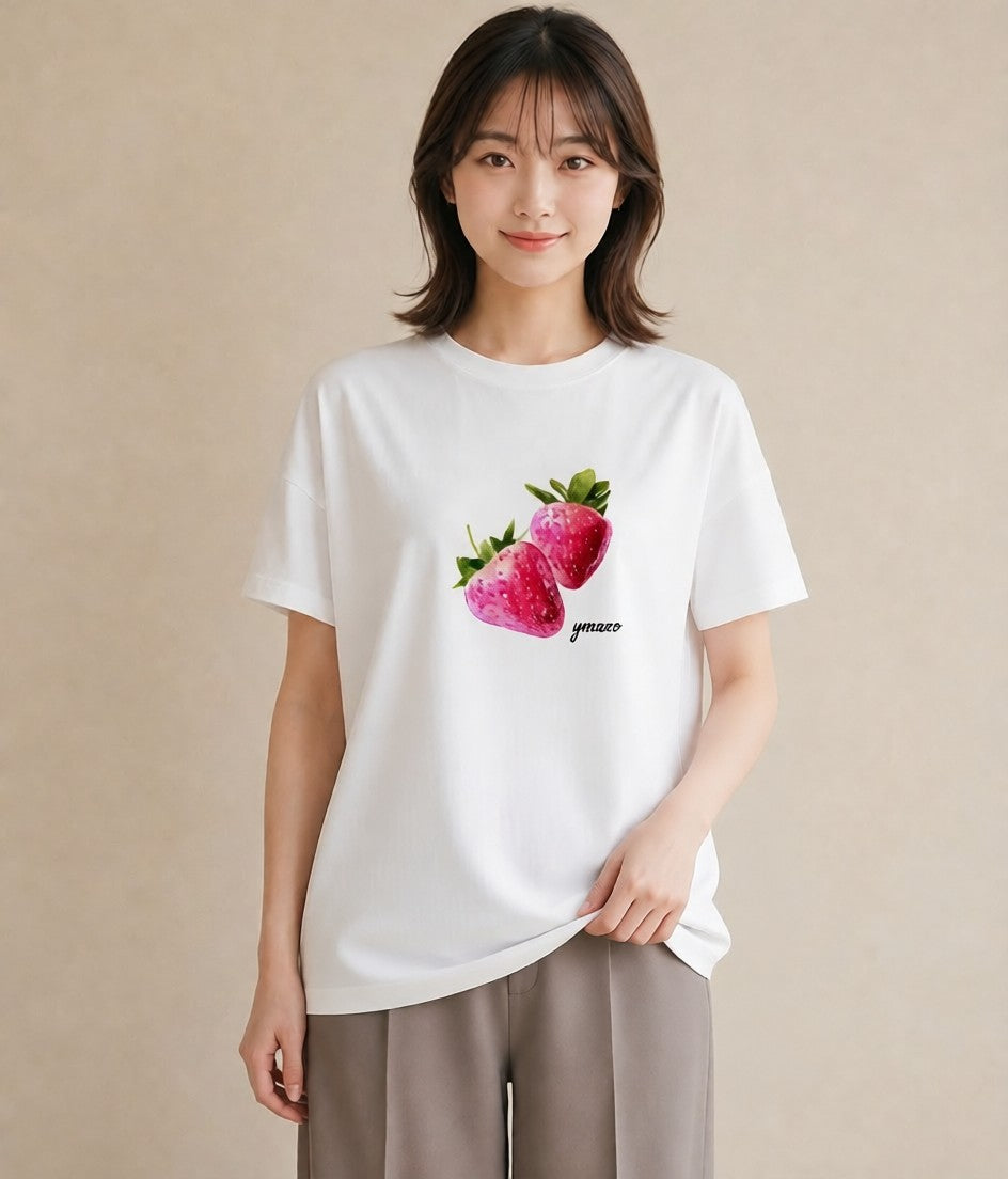 半袖Tシャツ レディース ショートケーキ 食べ物 フード イラスト 手描き風 お出かけ 普段着 白T YMAZO