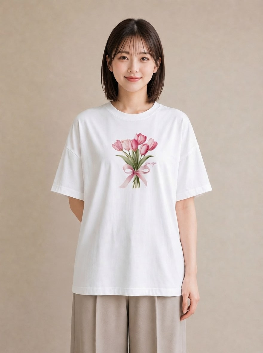 半袖Tシャツ レディース チューリップ 花 花柄 イラスト ニュアンス ママ カフェ服 白T YMAZO
