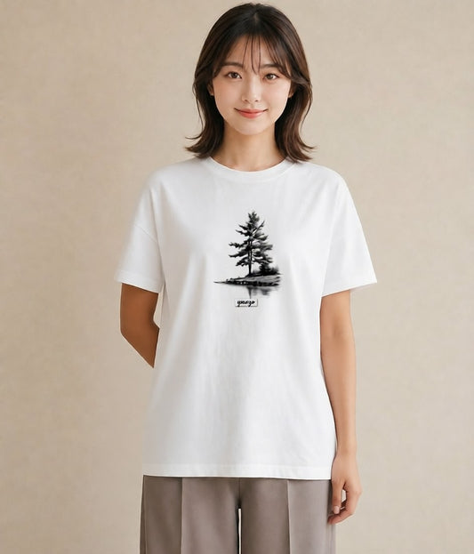 Tシャツ レディース 青の水彩 風景 ブルー ナチュラル アンティーク イラスト 抜け感 春服 ミセス 白T