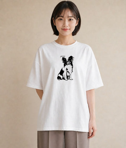 プリントTシャツ レディース パピヨン 犬 いぬ イラスト 線画 通学 誕生日プレゼント 白T YMAZO