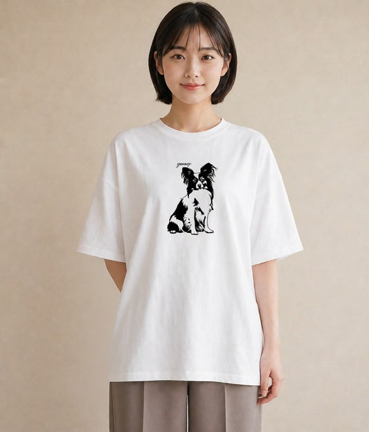 プリントTシャツ レディース パピヨン 犬 いぬ イラスト 線画 通学 誕生日プレゼント 白T