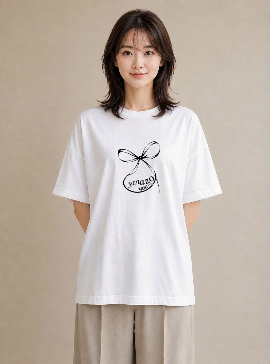 グラフィックTシャツ レディース リボン ボウ りぼん イラスト 個性的 ラフ レイヤード 白T YMAZO