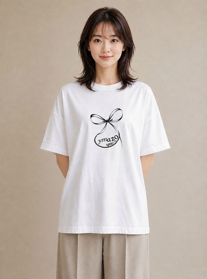 グラフィックTシャツ レディース リボン ボウ りぼん イラスト 個性的 ラフ レイヤード 白T YMAZO
