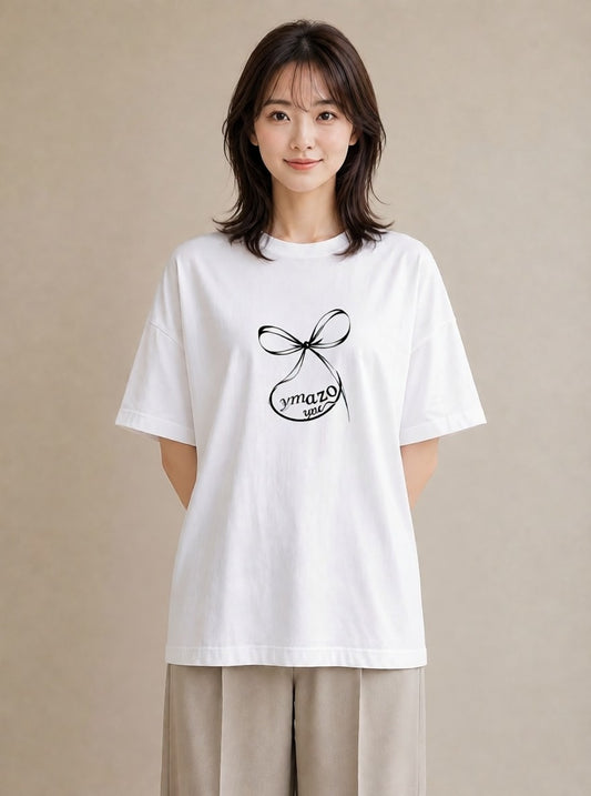 グラフィックTシャツ レディース リボン ボウ りぼん イラスト 個性的 ラフ レイヤード 白T YMAZO