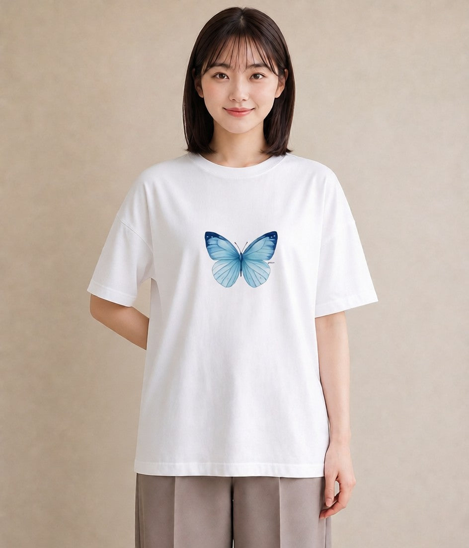 デザインTシャツ レディース ちょうちょ 蝶 バタフライ 昆虫 虫 イラスト ポップ 友達ギフト 部屋着 白T YMAZO
