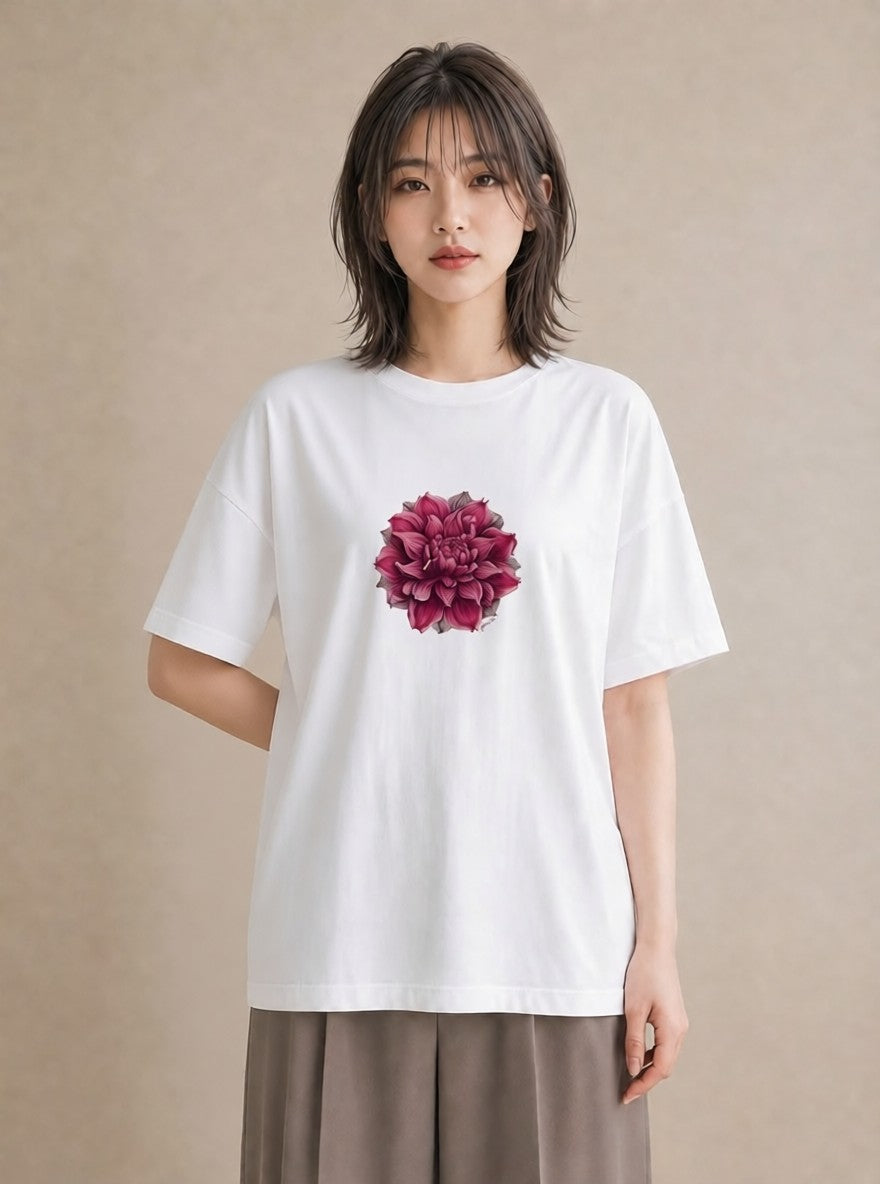 プリントTシャツ レディース 椿 花 花柄 イラスト レトロ ラフ レイヤード 白T YMAZO
