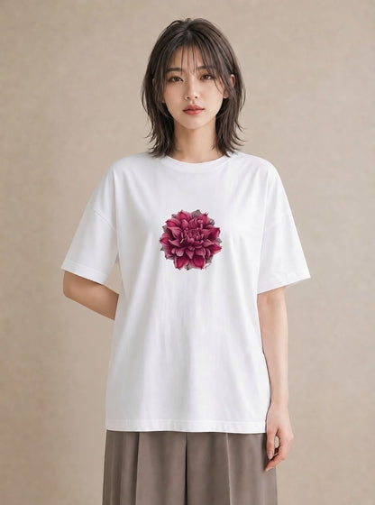 プリントTシャツ レディース 椿 花 花柄 イラスト レトロ ラフ レイヤード 白T YMAZO