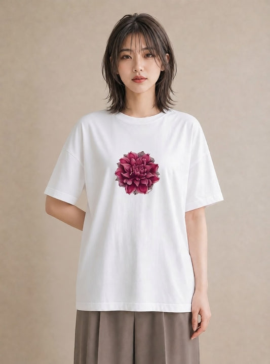 プリントTシャツ レディース 椿 花 花柄 イラスト レトロ ラフ レイヤード 白T YMAZO