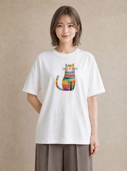 半袖Tシャツ レディース 猫好き 猫 ねこ イラスト 線画 休日 ペアコーデ 白T YMAZO