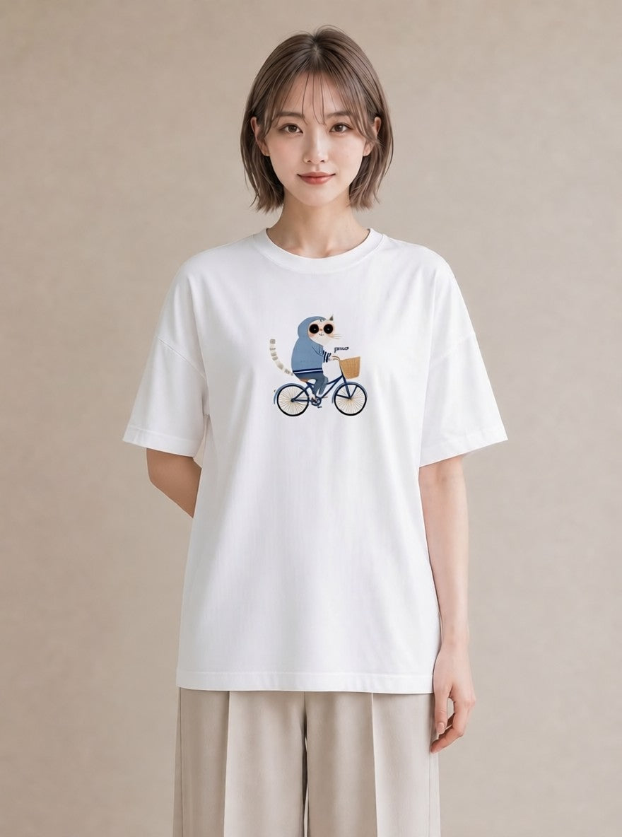 グラフィックTシャツ レディース 自転車のかご 自転車 花かご ナチュラル アンティーク イラスト ヴィンテージ風 送別ギフト 通勤 白T YMAZO