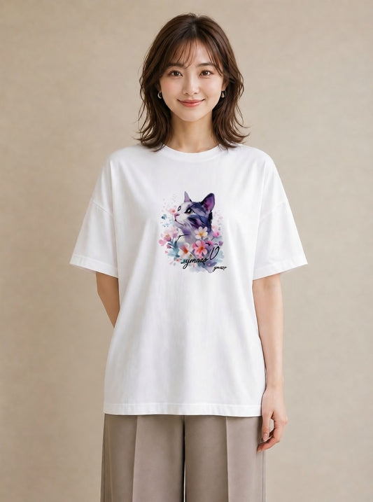 半袖Tシャツ レディース ペルシャ 猫 ねこ イラスト 個性的 カフェ服 クリスマス 白T YMAZO