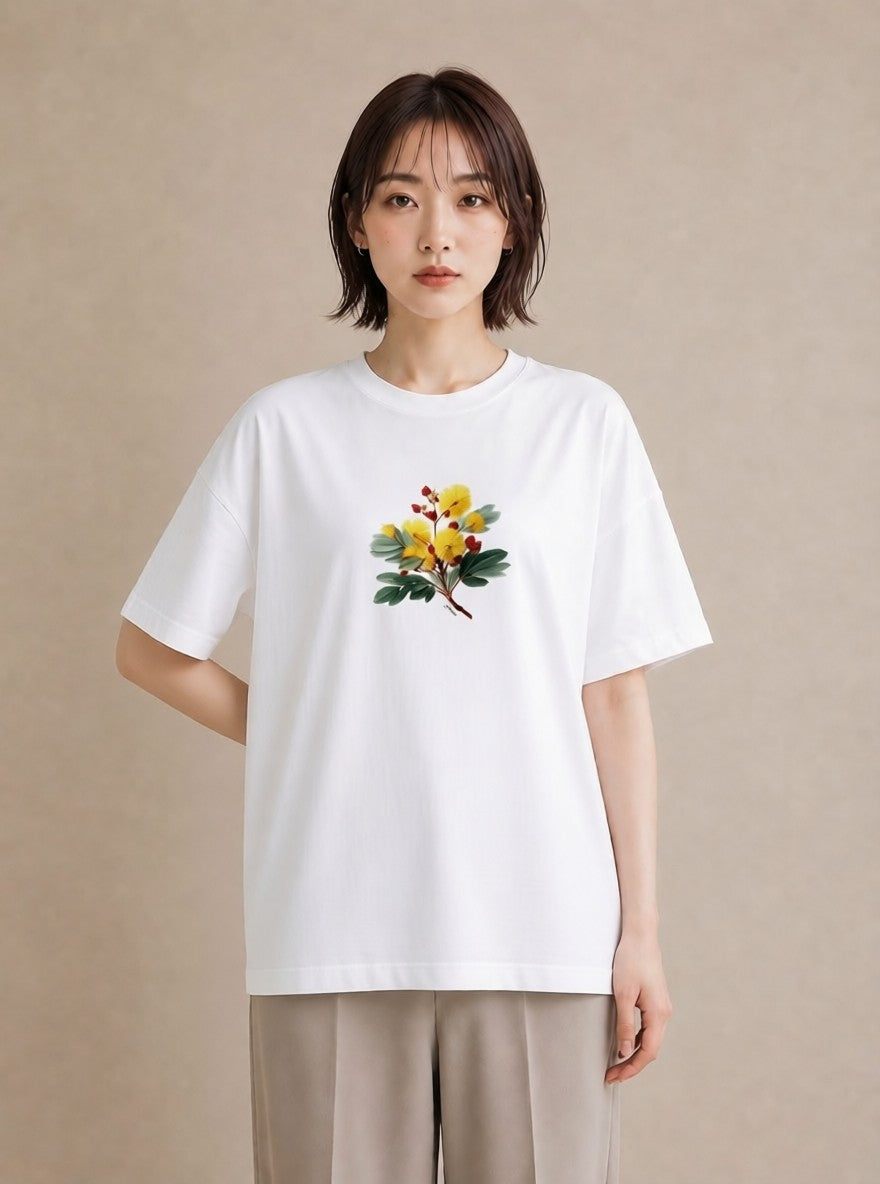 プリントTシャツ レディース ミモザ 花 花柄 イラスト ラフカジュアル カフェ服 クリスマス 白T