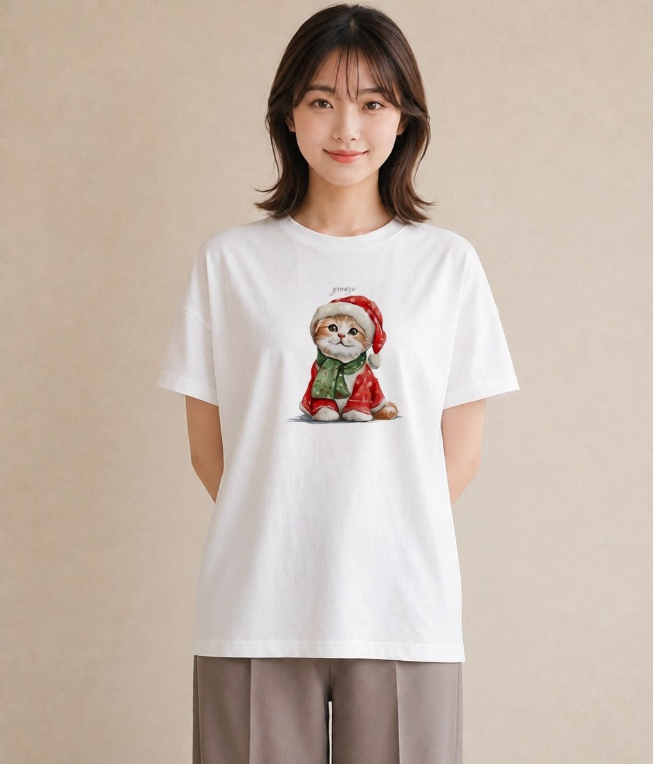 半袖Tシャツ レディース スコティッシュフォールド 猫 ねこ イラスト 線画 親子 20代 白T YMAZO