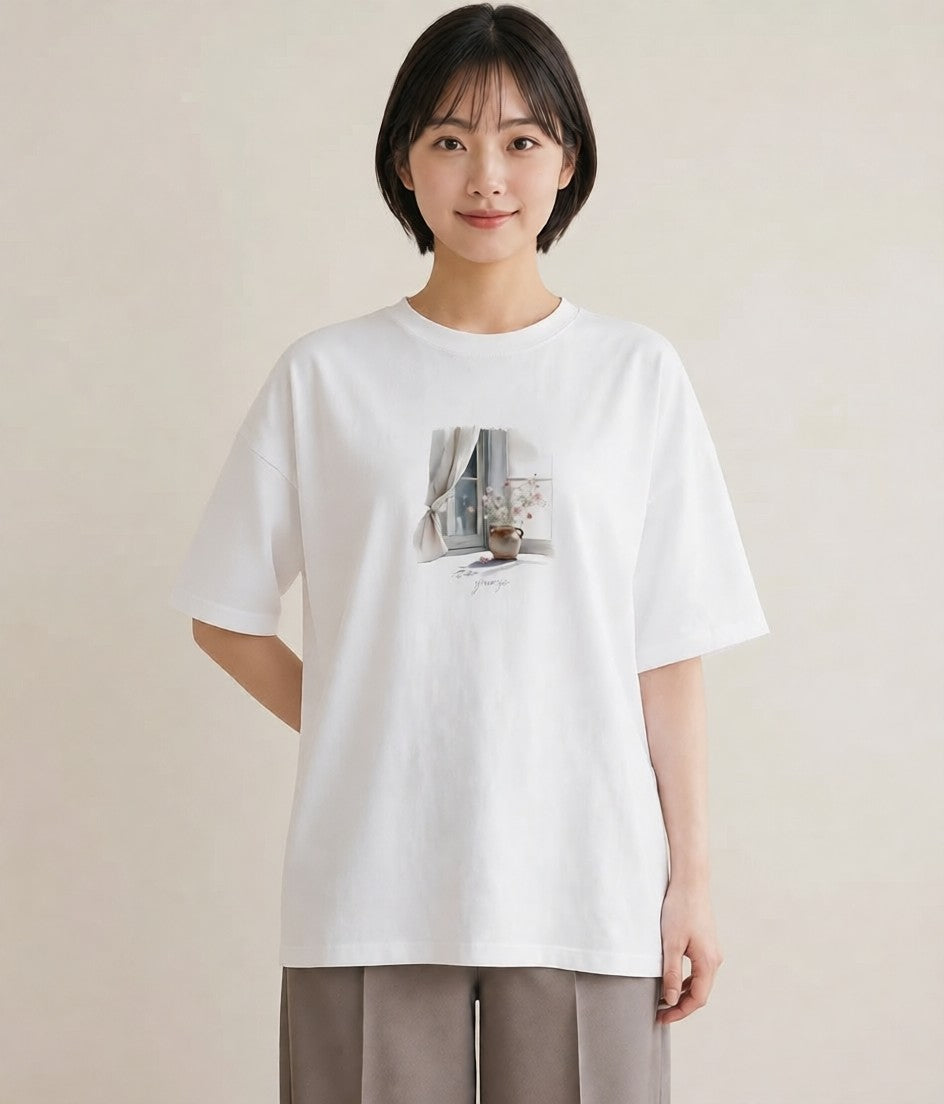 グラフィックTシャツ レディース 夕暮れ バルコニー 夕焼け ナチュラル アンティーク イラスト 韓国風 綿100 デート 白T YMAZO