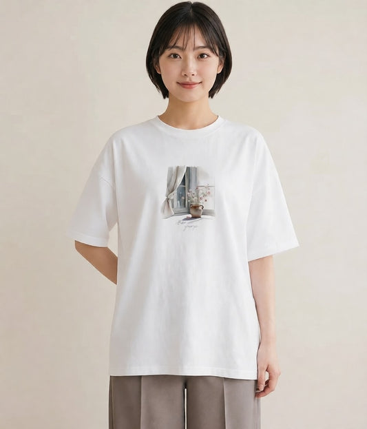 グラフィックTシャツ レディース 夕暮れ バルコニー 夕焼け ナチュラル アンティーク イラスト 韓国風 綿100 デート 白T