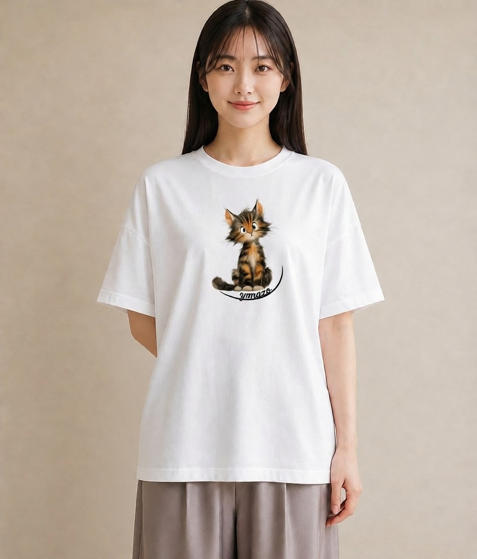 デザインTシャツ レディース サバトラ 猫 ねこ イラスト ラフ 海 カフェ巡り 白T YMAZO