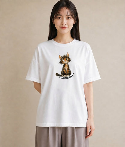 デザインTシャツ レディース サバトラ 猫 ねこ イラスト ラフ 海 カフェ巡り 白T YMAZO