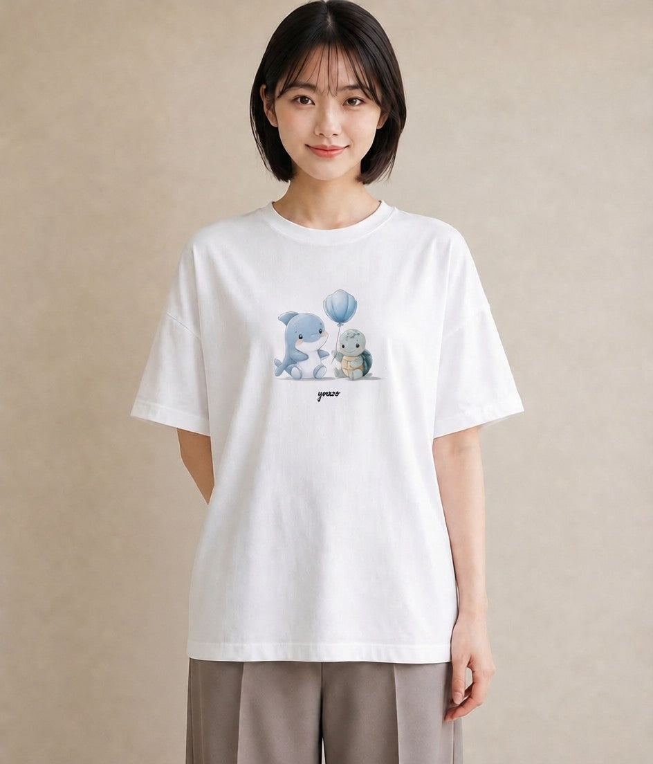 Tシャツ レディース イルカ 海の生き物 海 イラスト フェミニン 部屋着 女性向けギフト 白T YMAZO