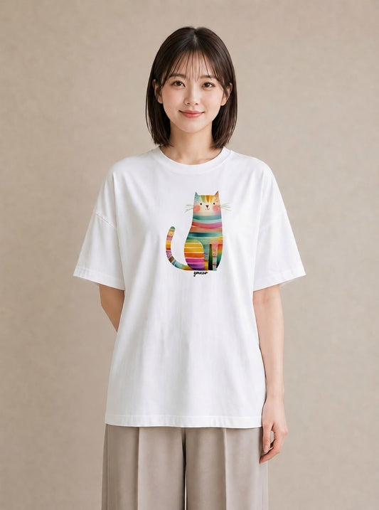 半袖Tシャツ レディース ねこ 猫 ネコ イラスト カフェコーデ 送別ギフト 通勤 白T YMAZO