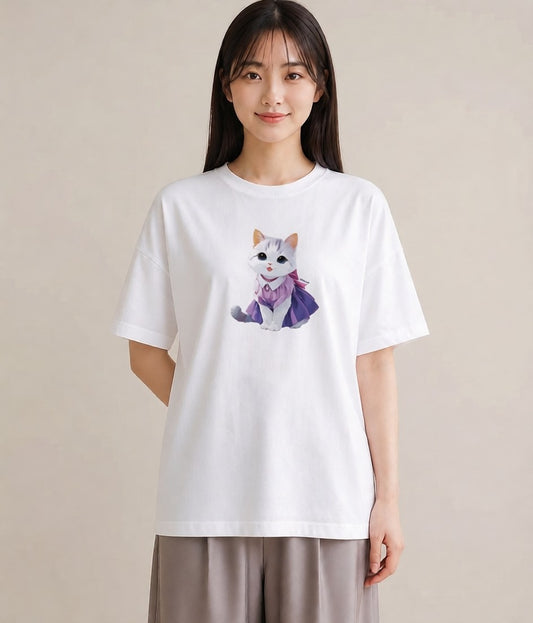 Tシャツ レディース 白猫 猫 ねこ イラスト 普段使い 敬老の日 ホワイトデー 白T YMAZO