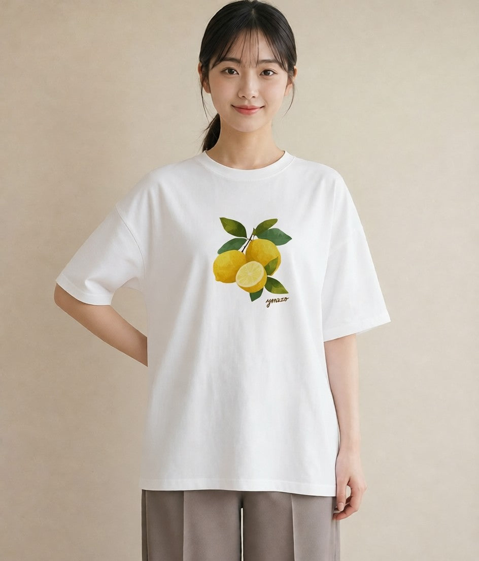 半袖Tシャツ レディース レモン 檸檬 食べ物 フード イラスト モード 送別ギフト 通勤 白T YMAZO