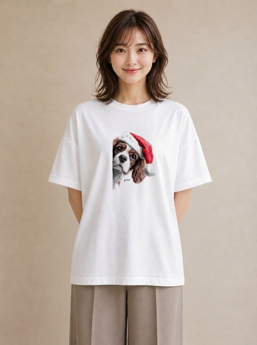 半袖Tシャツ レディース キャバリア 犬 いぬ イラスト 上品 ママ カフェ服 白T YMAZO