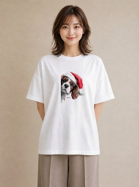 半袖Tシャツ レディース キャバリア 犬 いぬ イラスト 上品 ママ カフェ服 白T YMAZO