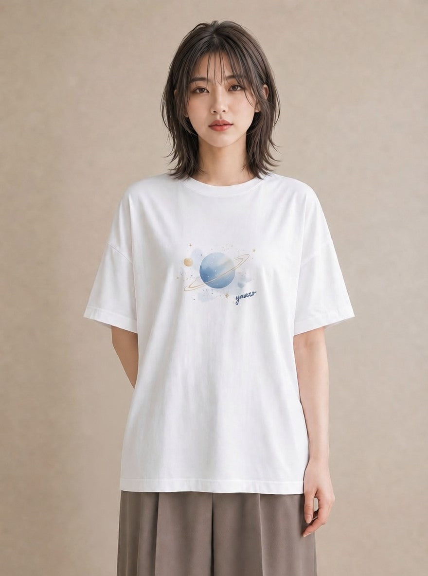 Tシャツ レディース 乙女座 星空 宇宙 イラスト シンプル 海 カフェ巡り 白T YMAZO