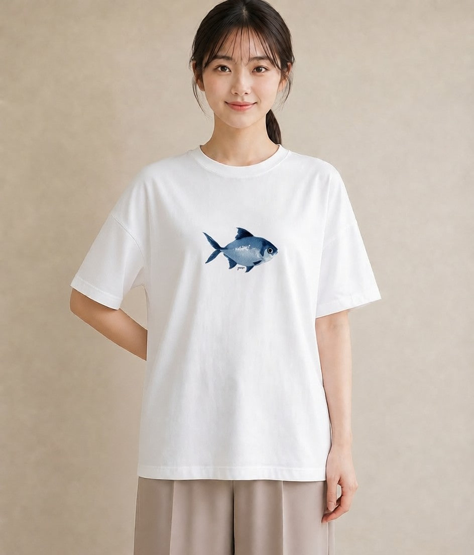 半袖Tシャツ レディース メダカ ペット 動物 イラスト 韓国風 ミセス 春コーデ 白T YMAZO
